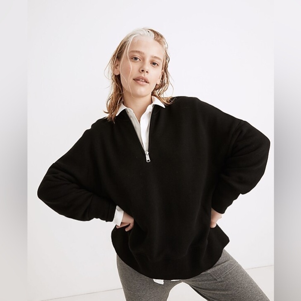 Madewell MWL Airyterry Half-Zip Tunic Sweatshirt in True Black